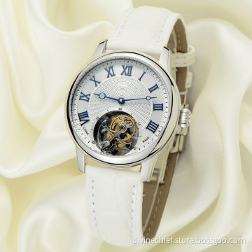 High End Genuine Leather Band Lady Real Tourbillon Wrist Watch